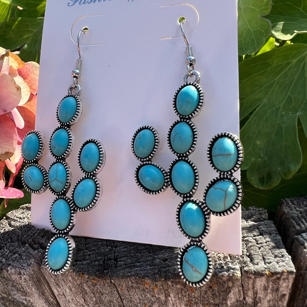 Cactus Western Faux Turquoise Stone Blue Chandelier Silver Earrings Gift New - Picture 5 of 6